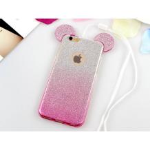 Луксозен силиконов калъф / гръб / TPU 3D за Apple iPhone 5 / iPhone 5S / iPhone SE - розов / прозрачен / сив брокат / миши ушички / 2в1