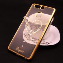 Луксозен силиконов калъф / гръб / TPU / Elegant с камъни за Huawei P Smart - прозрачен със златист кант / сърце