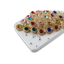 Луксозен заден предпазен твърд гръб с камъни за Apple iPhone 4, 4S - прозрачен / паун