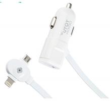 USB зарядно за кола TOTU Design Both Wings 12V за Apple iPhone, Samsung, LG, HTC, Sony, Lenovo и други - 2 в 1 / 120см - бяло