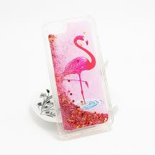 Луксозен твърд гръб 3D за Apple iPhone 5 / iPhone 5S / iPhone SE - Flamingo / розов брокат със звездички