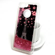 Луксозен твърд гръб 3D за Huawei P Smart - лилави цветя / айфелова кула / розов брокат
