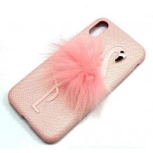 Луксозен калъф / твърд гръб за Apple iPhone X / iPhone XS - розов / фламинго с пух