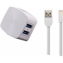 Универсално зарядно устройство REMAX RP-U215 220V с 2 USB порта 2.4A и iOS (iPhone) кабел - бял