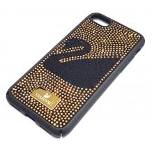 Луксозен твърд гръб Swarovski за Apple iPhone 7 / iPhone 8 - черен / златисти камъни / Swan