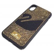 Луксозен твърд гръб Swarovski за Apple iPhone XR - черен / златисти камъни / Swan