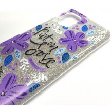 Силиконов калъф / гръб / TPU за Samsung Galaxy A51 - сребрист брокат / лилави цветя / Put on Love