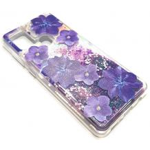Луксозен гръб 3D Water Case за Samsung Galaxy A21s - течен гръб с брокат / огледален с лилави цветя