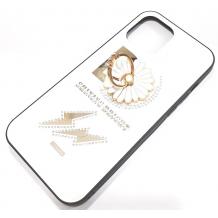 Луксозен стъклен твърд гръб със стойка за Apple iPhone 12 /12 Pro 6.1'' – бял / цвете и камъни