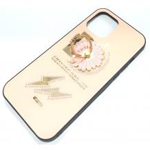 Луксозен стъклен твърд гръб със стойка за Apple iPhone 12 Pro Max 6.7" –  бежов / цвете и камъни