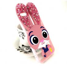 Луксозен твърд гръб 3D с камъни и силиконов кант за Apple iPhone 5 / iPhone 5S / iPhone SE - Zootropolis / розов / розови ушички