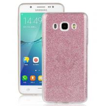 Луксозен силиконов гръб със стойка за Samsung Galaxy J5 2016 J510 - розов / брокат