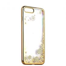 Луксозен твърд гръб KAVARO с камъни Swarovski за Apple iPhone 7 - прозрачен / бели цветя / златист кант