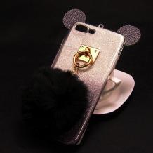 Луксозен силиконов калъф / гръб / TPU 3D за Apple iPhone 7 Plus/ iPhone 8 Plus- преливащ / сребристо и черно / миши ушички / черен пух