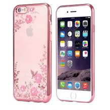 Луксозен силиконов калъф / гръб / TPU с камъни за Apple iPhone 7 Plus / iPhone 8 Plus - прозрачен / розови цветя / Rose Gold кант
