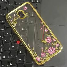Луксозен силиконов калъф / гръб / TPU с камъни за Samsung Galaxy J3 2017 J330 - прозрачен / розови цветя / златист кант