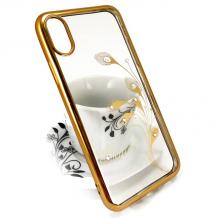 Луксозен силиконов калъф / гръб / TPU / Elegant с камъни за Apple iPhone X - прозрачен със златист кант / перо