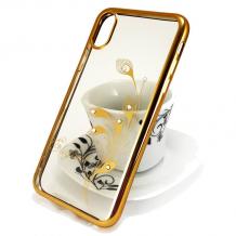 Луксозен силиконов калъф / гръб / TPU / Elegant с камъни за Apple iPhone X - прозрачен със златист кант / перо