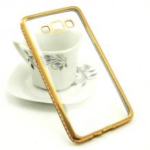 Луксозен силиконов калъф / гръб / TPU с камъни за Samsung Galaxy A5 A500 - прозрачен / златен кант