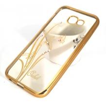 Луксозен силиконов калъф / гръб / TPU / Elegant с камъни за Samsung Galaxy A5 2017 A520 - прозрачен със златист кант / цвете / пеперуда