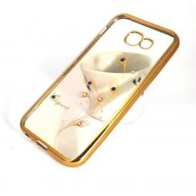 Луксозен силиконов калъф / гръб / TPU / Elegant с камъни за Samsung Galaxy A5 2017 A520 - прозрачен със златист кант / перо