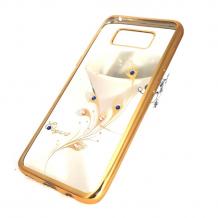Луксозен силиконов калъф / гръб / TPU / Elegant с камъни за Samsung Galaxy S8 G950 - прозрачен със златист кант / перо
