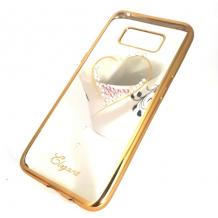 Луксозен силиконов калъф / гръб / TPU / Elegant с камъни за Samsung Galaxy S8 G950 - прозрачен със златист кант / сърце