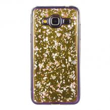 Силиконов калъф / гръб / TPU 3D за Samsung Galaxy J3 / J3 2016 J320 - златист / прозрачен / блестящи стружки