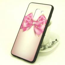 Луксозен стъклен твърд гръб със силиконов кант и камъни за Samsung Galaxy S9 G960 - розов с панделка