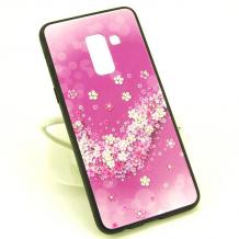 Луксозен стъклен твърд гръб със силиконов кант и камъни за Samsung Galaxy S9 G960 - лилав с цветя