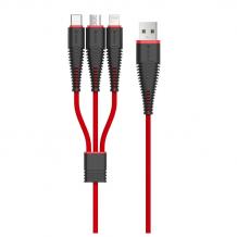 Универсален USB кабел DEVIA Fish Bone 3in1 Lightening, Micro USB, Type-C Charging Cable 1.2M - черен с червено