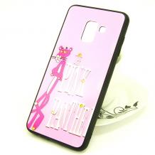 Луксозен стъклен твърд гръб със силиконов кант и камъни за Samsung Galaxy A8 2018 A530F - светло розов / The Pink Panther