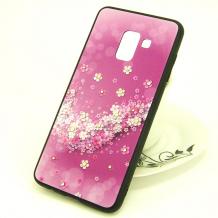 Луксозен стъклен твърд гръб със силиконов кант и камъни за Samsung Galaxy A8 2018 A530F - лилав с цветя