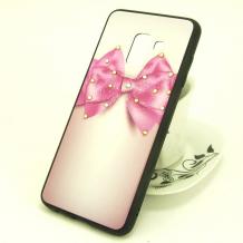 Луксозен стъклен твърд гръб със силиконов кант и камъни за Samsung Galaxy A8 2018 A530F - розов с панделка