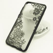 Луксозен твърд гръб със силиконов кант и камъни за Huawei P Smart -  прозрачен / черни цветя
