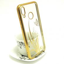 Луксозен силиконов калъф / гръб / TPU / Elegant с камъни за Huawei P20 Lite - прозрачен със златист кант / цвете / пеперуда