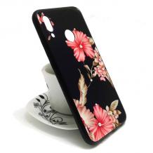 Луксозен стъклен твърд гръб със силиконов кант и камъни за Huawei P20 Lite - черен / цветя