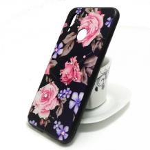 Луксозен стъклен твърд гръб със силиконов кант и камъни за Huawei P20 Lite - черен / рози