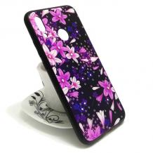 Луксозен стъклен твърд гръб със силиконов кант и камъни за Huawei P20 Lite - черен / лилави цветя