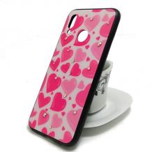 Луксозен стъклен твърд гръб със силиконов кант и камъни за Huawei P20 Lite - розови сърца