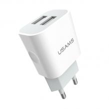 Универсално зарядно устройство USAMS Travel Charger CC023 с 2 USB порта 220V / 2.4A за Samsung, Xiaomi, Lenovo, Apple, LG, HTC, Sony, Nokia, Huawei, ZTE, BlackBerry и др. - бяло