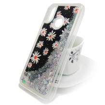 Луксозен твърд гръб 3D за Huawei P20 Lite - черен / бели цветя / сребрист брокат 