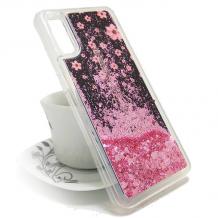 Луксозен твърд гръб 3D за Huawei P20 - лилави цветя / айфелова кула / розов брокат