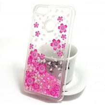 Луксозен твърд гръб 3D за Huawei P9 Lite Mini - прозрачен / розови цветя / розов брокат