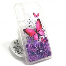 Луксозен твърд гръб 3D за Huawei P20 Lite - прозрачен / пеперуди / лилав брокат