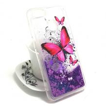 Луксозен твърд гръб 3D за Huawei P Smart - прозрачен / пеперуди / лилав брокат