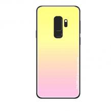 Луксозен стъклен твърд гръб за Samsung Galaxy J6 2018 - преливащ / жълто и розово