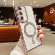 Луксозен силиконов калъф / гръб / TPU кейс със MagSafe за Samsung Galaxy A37 - прозрачен със розов кант и камъни