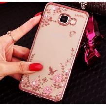 Луксозен силиконов калъф / гръб / TPU с камъни за Samsung Galaxy A5 2016 A510 - прозрачен / розови цветя / Rose Gold кант