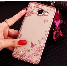 Луксозен силиконов калъф / гръб / TPU с камъни за Samsung Galaxy A5 2016 A510 - прозрачен / розови цветя / Rose Gold кант